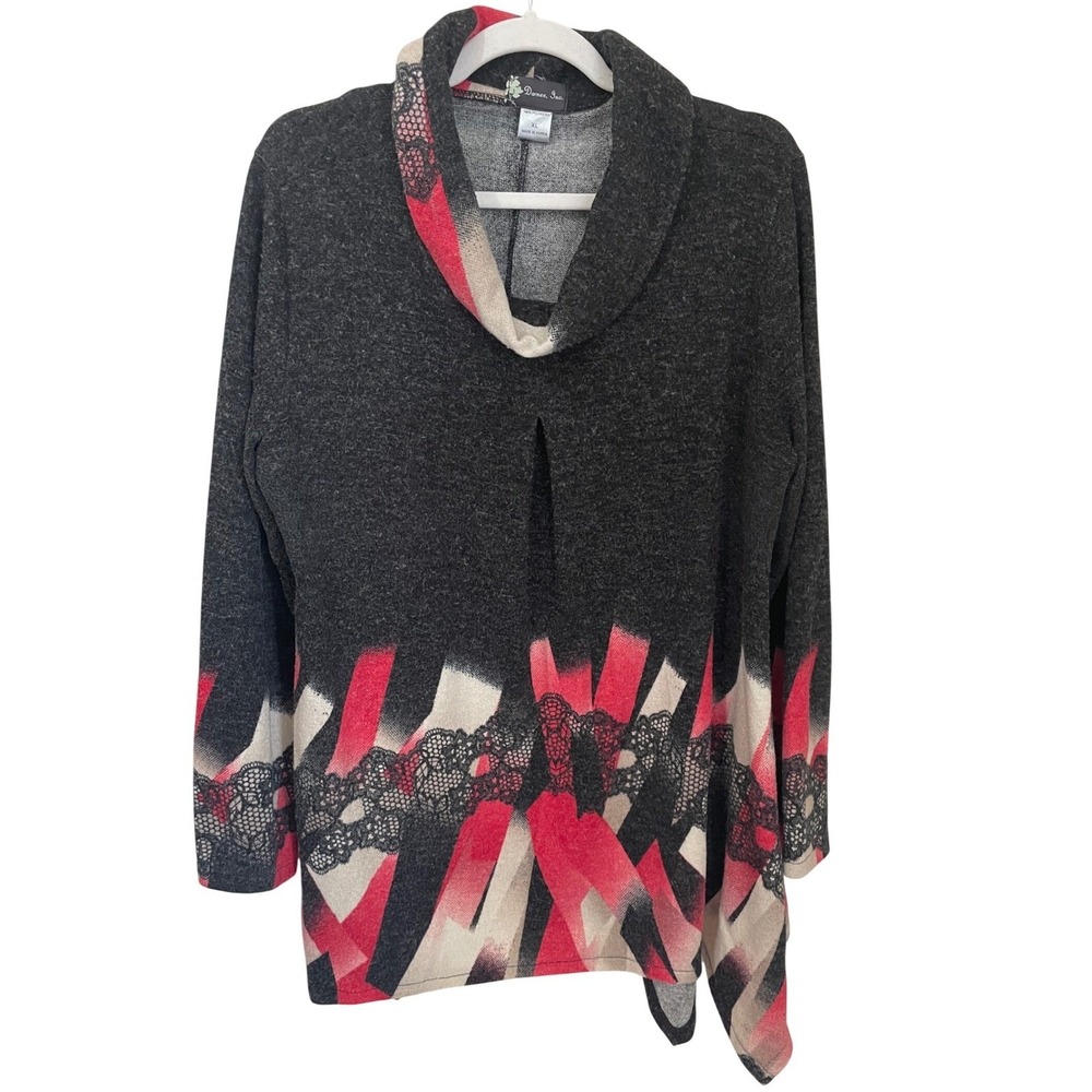 Damee Inc Womens XL Cowl Neck Tunic Sweater Abstract Lace Print Asymmetric Hem